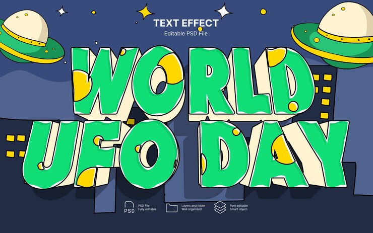 PSD efecto de texto del día mundial de los ovnis