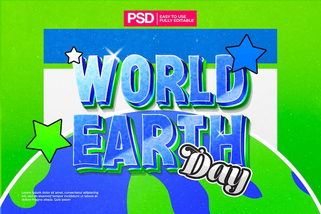 efecto de texto del día mundial de la tierra azul 3d