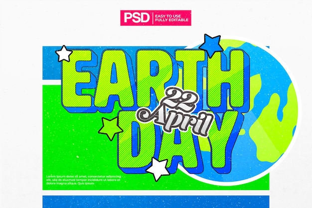 Efecto de texto del día de la tierra 3d de dibujos animados