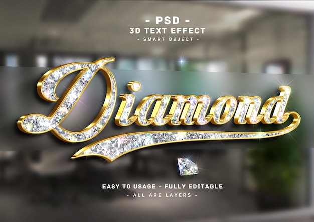 PSD efecto de texto de diamante estilo dorado 3d