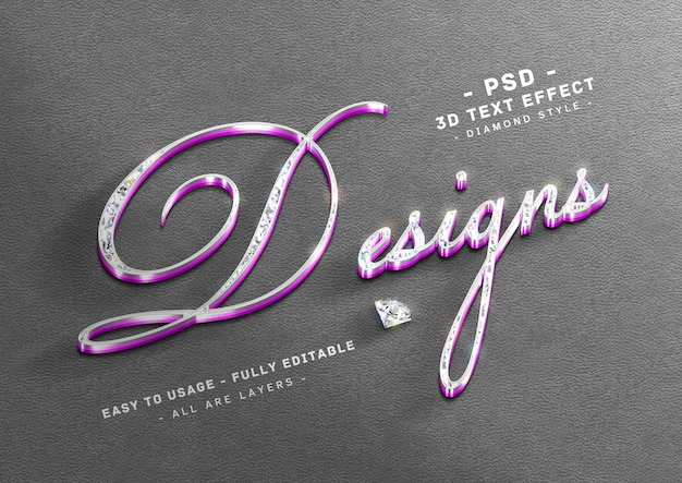 PSD efecto de texto de diamante estilo púrpura 3d