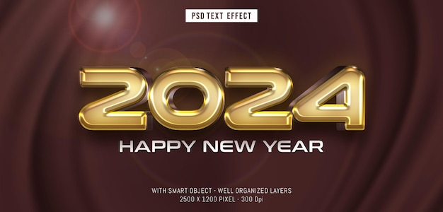 Efecto de texto editable 2024 estilo 3d con color dorado brillante en las letras