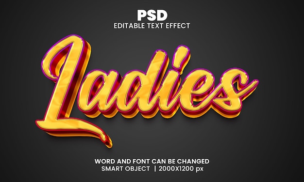 Efecto de texto editable 3d para damas premium psd con fondo