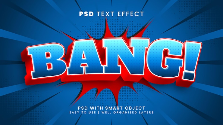 PSD efecto de texto editable 3d de dibujos animados cómico bang con fondo de semitono