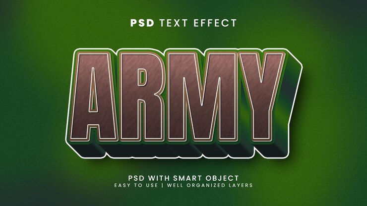 PSD efecto de texto editable 3d del ejército con estilo de texto de fuerza y victoria