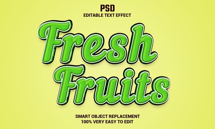PSD efecto de texto editable 3d de frutas frescas con fondo psd premium