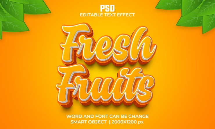 PSD efecto de texto editable 3d de frutas frescas psd premium con fondo