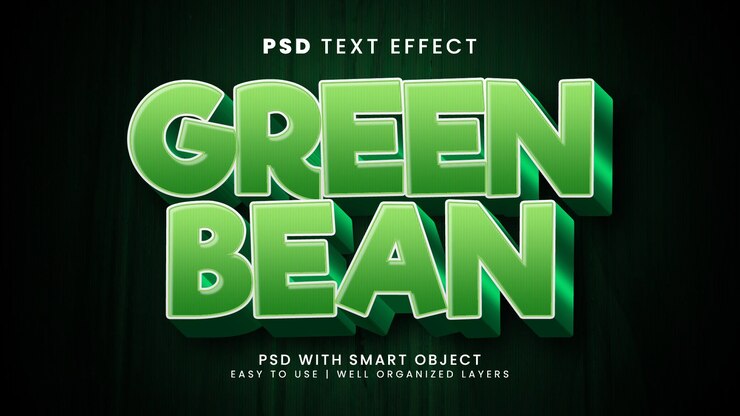PSD efecto de texto editable 3d de judías verdes con estilo de texto fresco y saludable