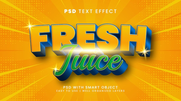 PSD efecto de texto editable en 3d de jugo fresco con estilo de texto sabroso y afrutado