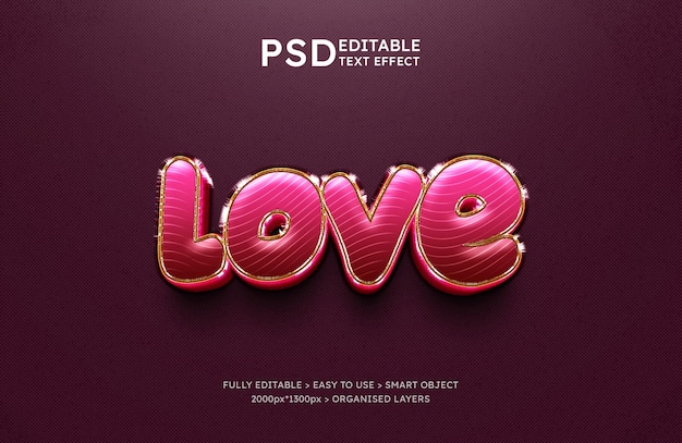 PSD efecto de texto editable 3d de lámina de amor