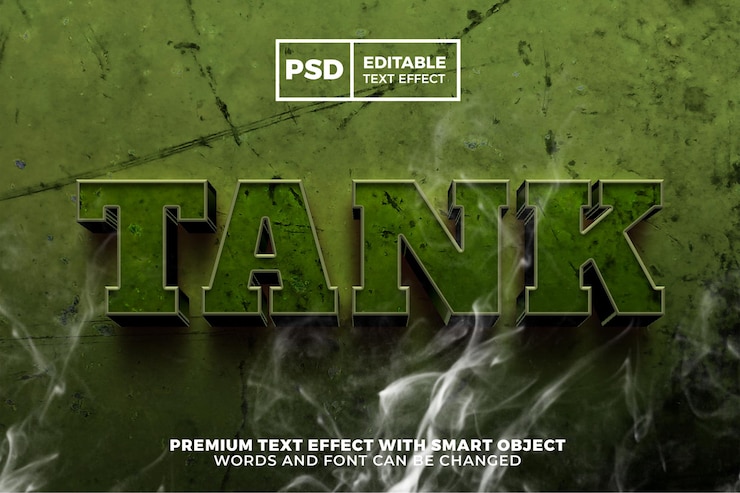 PSD efecto de texto editable 3d de metal oxidado grunge guerra tanque vintage