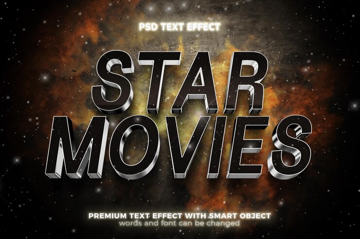 PSD efecto de texto editable 3d en negrita de películas de estrellas modernas en galaxia