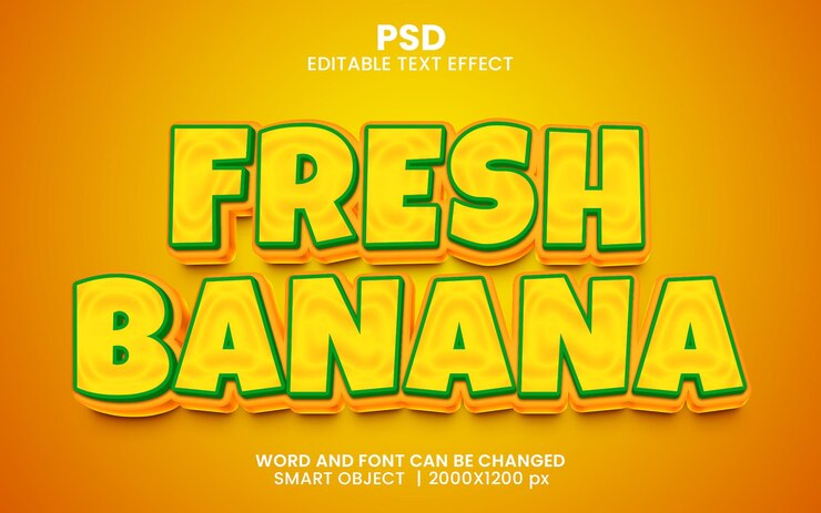 PSD efecto de texto editable 3d de plátano fresco estilo premium psd con fondo