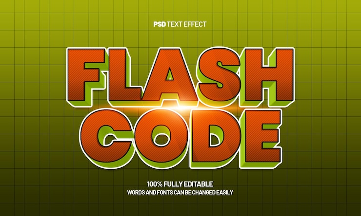 PSD efecto de texto editable de código flash con un efecto de texto de descuento y almacenamiento