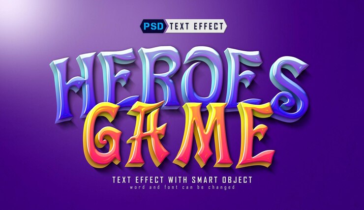 PSD efecto de texto editable de dibujos animados del juego de héroes