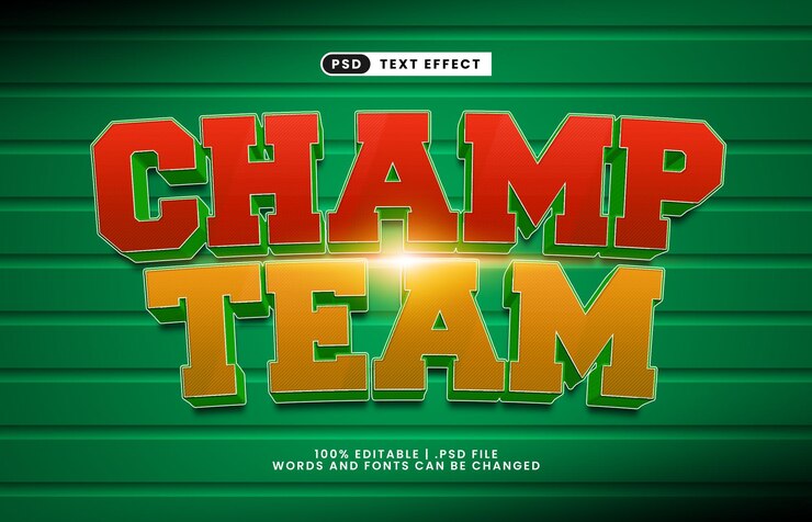 PSD efecto de texto editable del equipo campeón con un efecto de texto de juego y deporte