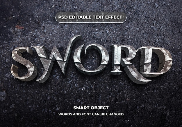 Efecto de texto editable espada estilo de fuente metálica 3d