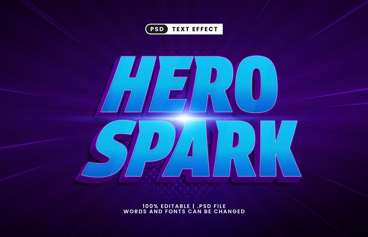 PSD efecto de texto editable hero spark con un efecto de texto de héroe y poder