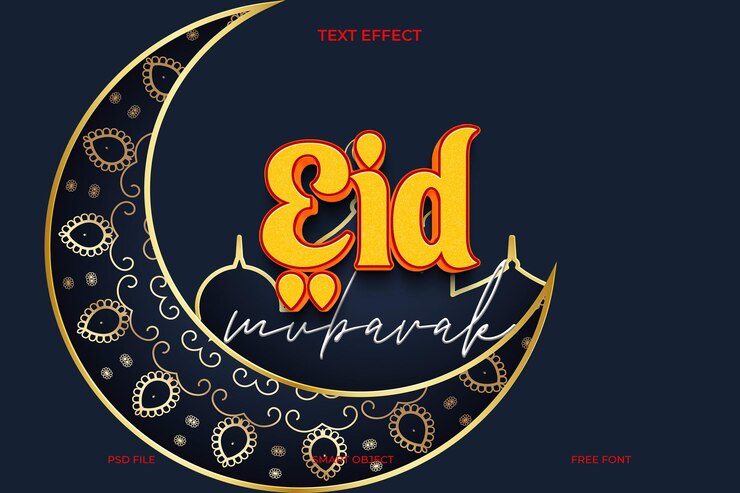 PSD efecto de texto de eid mubarak con ornamento de luna creciente