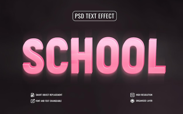 Efecto de texto escolar rosa 3D con brillo de neón