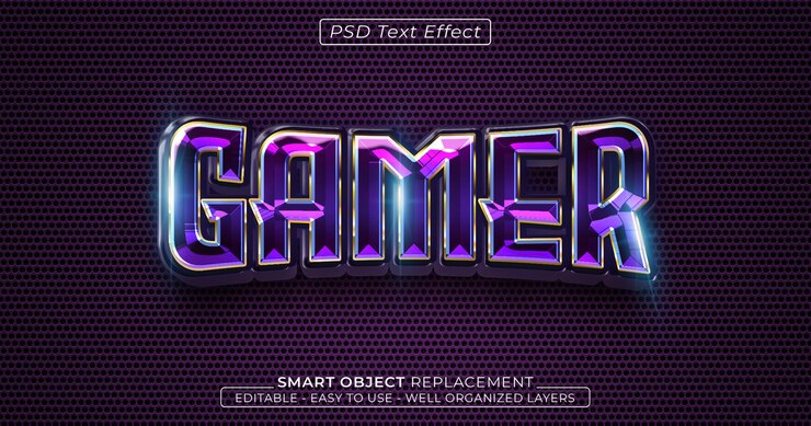 PSD efecto de texto de estilo 3d editable brillante con logotipo de jugador