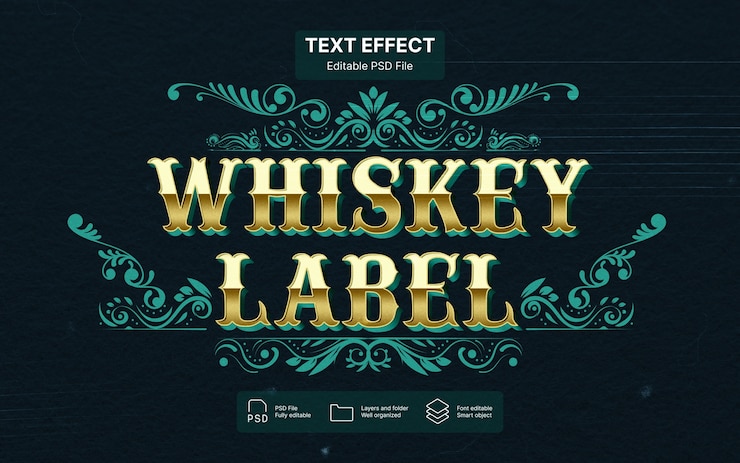 PSD efecto de texto en la etiqueta del whisky