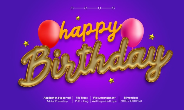 Efecto de texto de feliz cumpleaños con estilo de fuente 3d