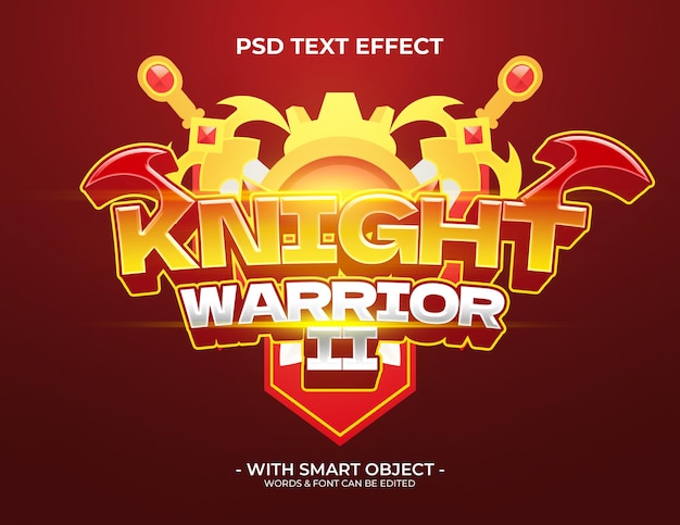 PSD efecto de texto de la insignia de dibujos animados del juego knight warrior