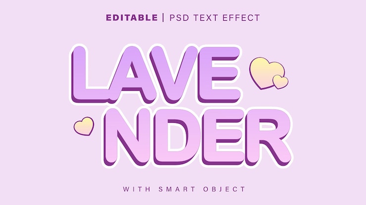PSD efecto de texto de lavanda de estilo 3d editable un fondo morado con corazones y texto que dice lavanda