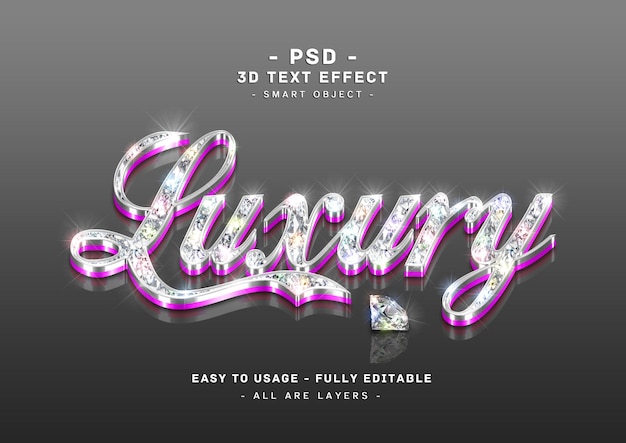 Efecto de texto de lujo de diamante estilo de espejo púrpura plateado 3d