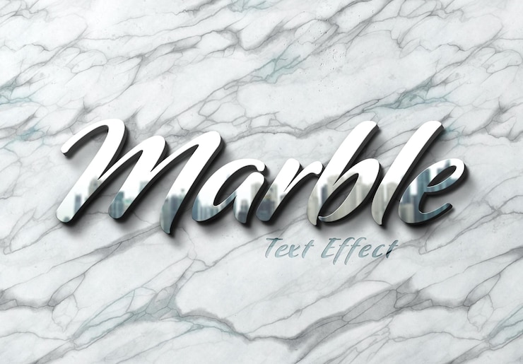 PSD efecto de texto metálico en pared de mármol con reflejo 3d mockup