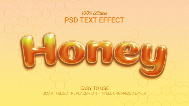 PSD efecto de texto de miel con efecto 3d en relieve y vidrio.