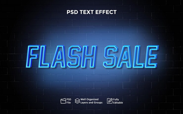PSD efecto de texto de neón azul efecto de texto de venta flash