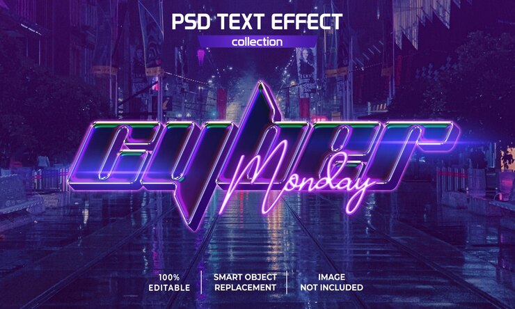 PSD efecto de texto de neón cromado de cyber lunes