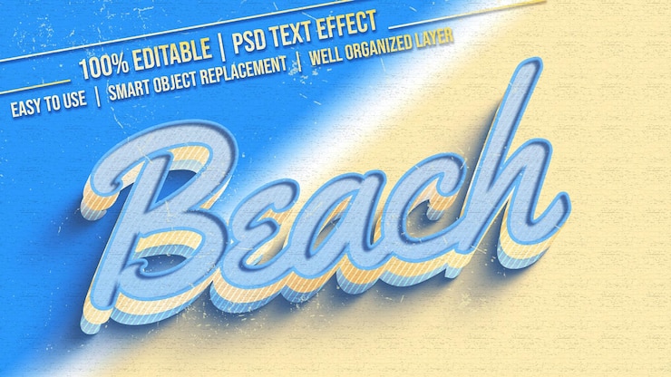 PSD efecto de texto de playa en estilo retro clásico usando objetos inteligentes y editable