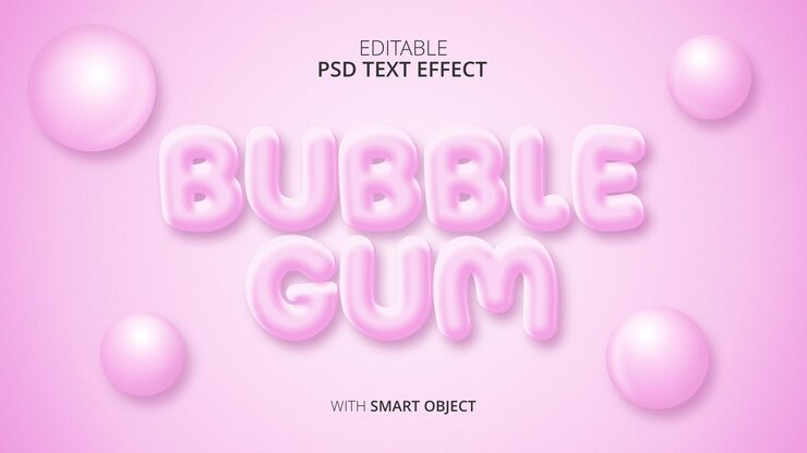 PSD efecto de texto psd de chicle con fondo rosa degradado y globo de chicle