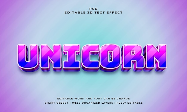 Efecto de texto psd editable 3d unicornio con fondo