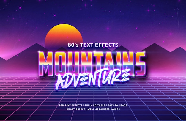 PSD efecto de texto retro de mountain adventure 80's