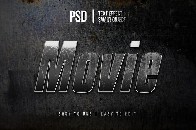 PSD efecto de texto de título de película con textura plateada