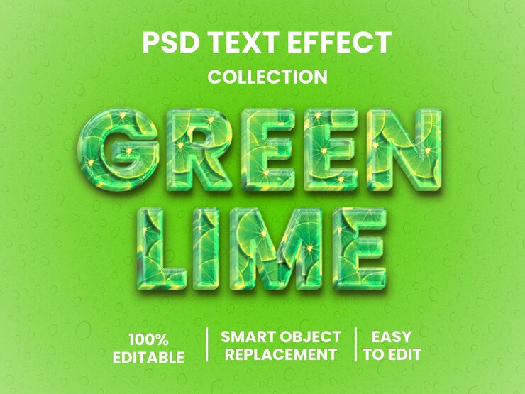 PSD efecto de texto verde lima 3d fruta editable y estilo de texto natural
