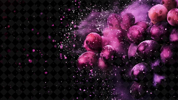 PSD efecto de uva de polvo de ciruela con uvas púrpuras y color ciruela glo magic neon color en fondo oscuro