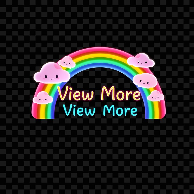 PSD efecto ver más texto en el arco iris de neón botón gradiente en forma de un arcoirís kawaii decorado con