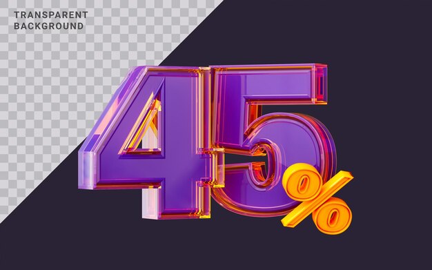 efecto de vidrio púrpura realista 45 por ciento número símbolo render 3d gran venta banner de compras en línea