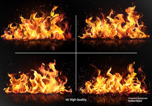 Efectos brillantes de llamas de fuego realistas en un fondo negro