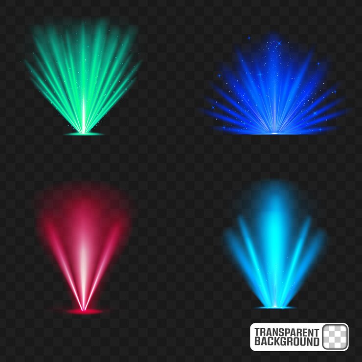 Efectos de haz de luz de colores Verdes Azules Llamadas rojas Brillo radiante en un fondo transparente