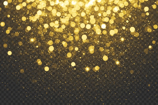 Efeito bokeh dourado com partículas de luz douradas cintilantes em um fundo transparente