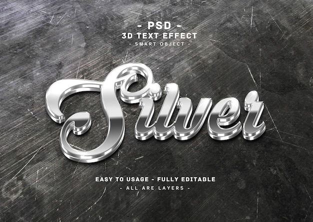 PSD efeito de estilo 3d texto prateado