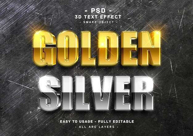 efeito de estilo de texto 3d dourado e prateado