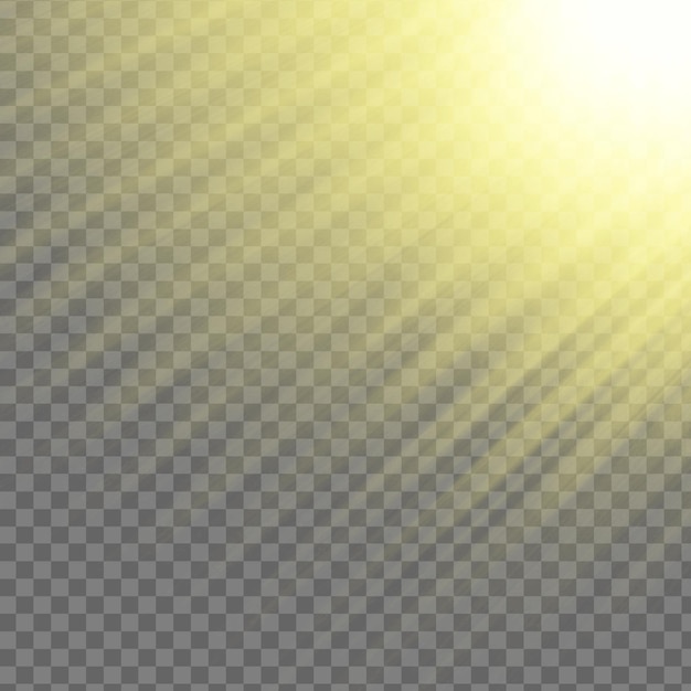 Efeito de luz dos raios solares amarelos isolados sobre um fundo transparente