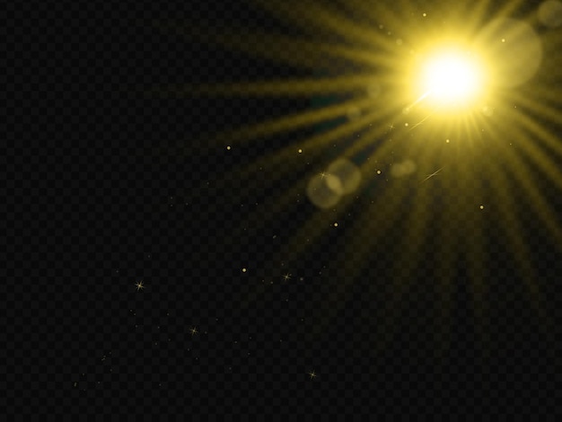 Efeito de reflexo de lente de luz solar amarela com um holofote em fundo transparente